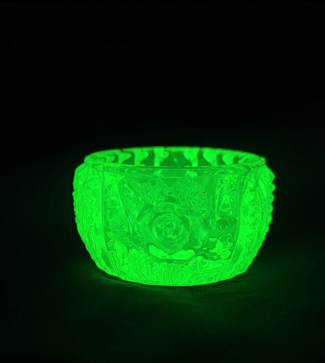 Vintage Set Of Two Vaseline Uranium Glass Rose Pattern Salt Cellars