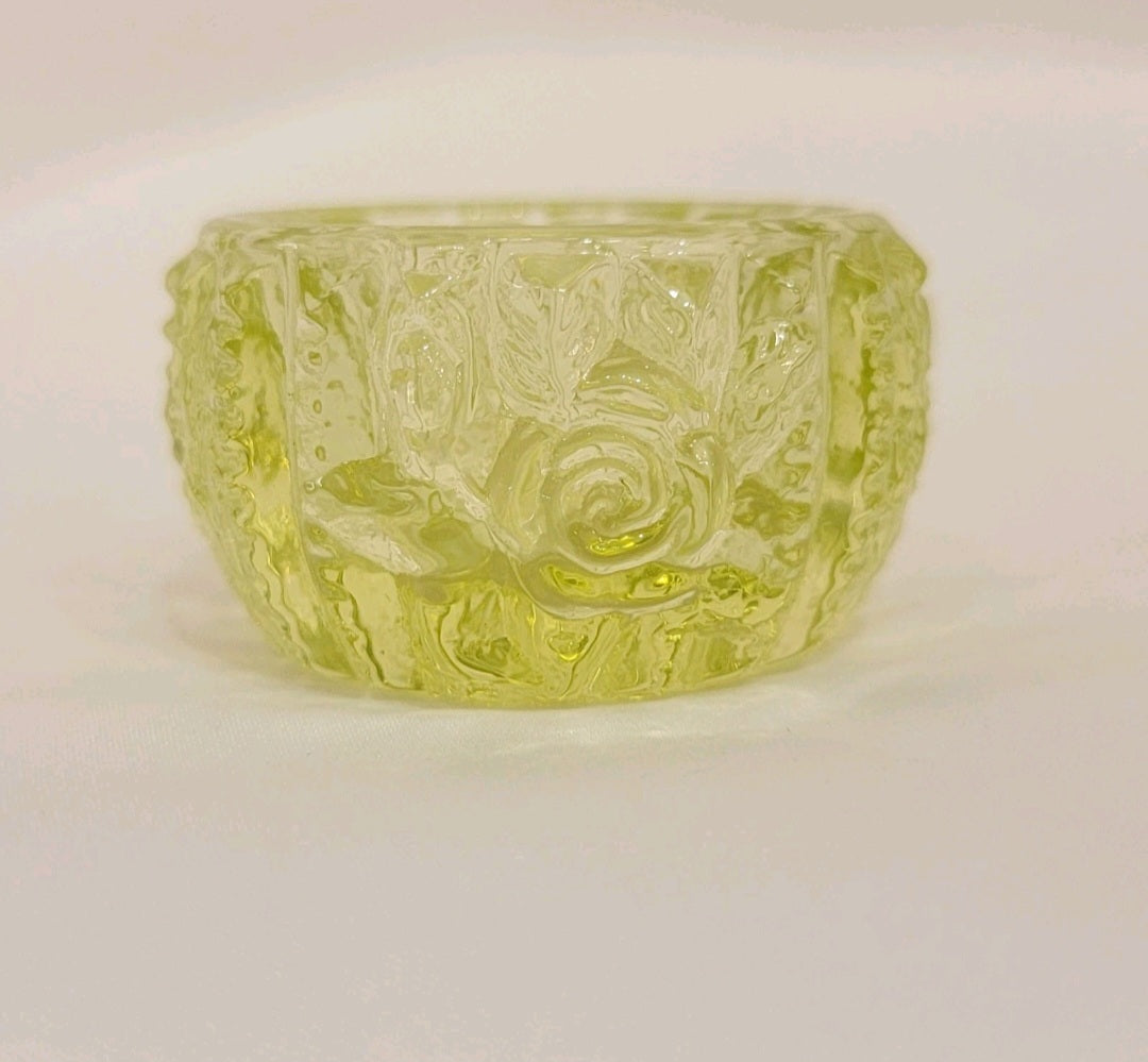 Vintage Set Of Two Vaseline Uranium Glass Rose Pattern Salt Cellars