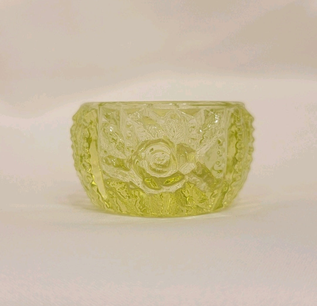 Vintage Set Of Two Vaseline Uranium Glass Rose Pattern Salt Cellars