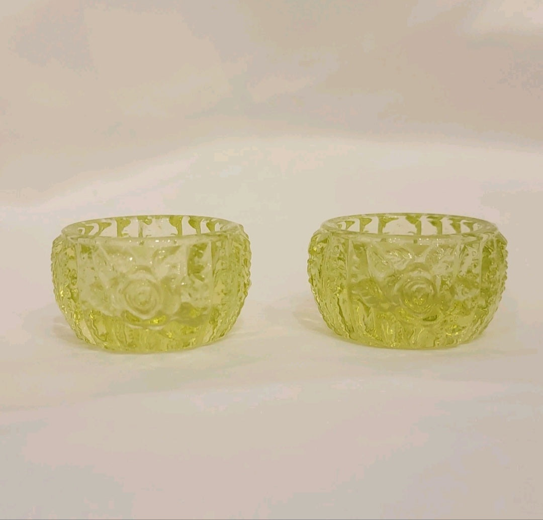 Vintage Set Of Two Vaseline Uranium Glass Rose Pattern Salt Cellars
