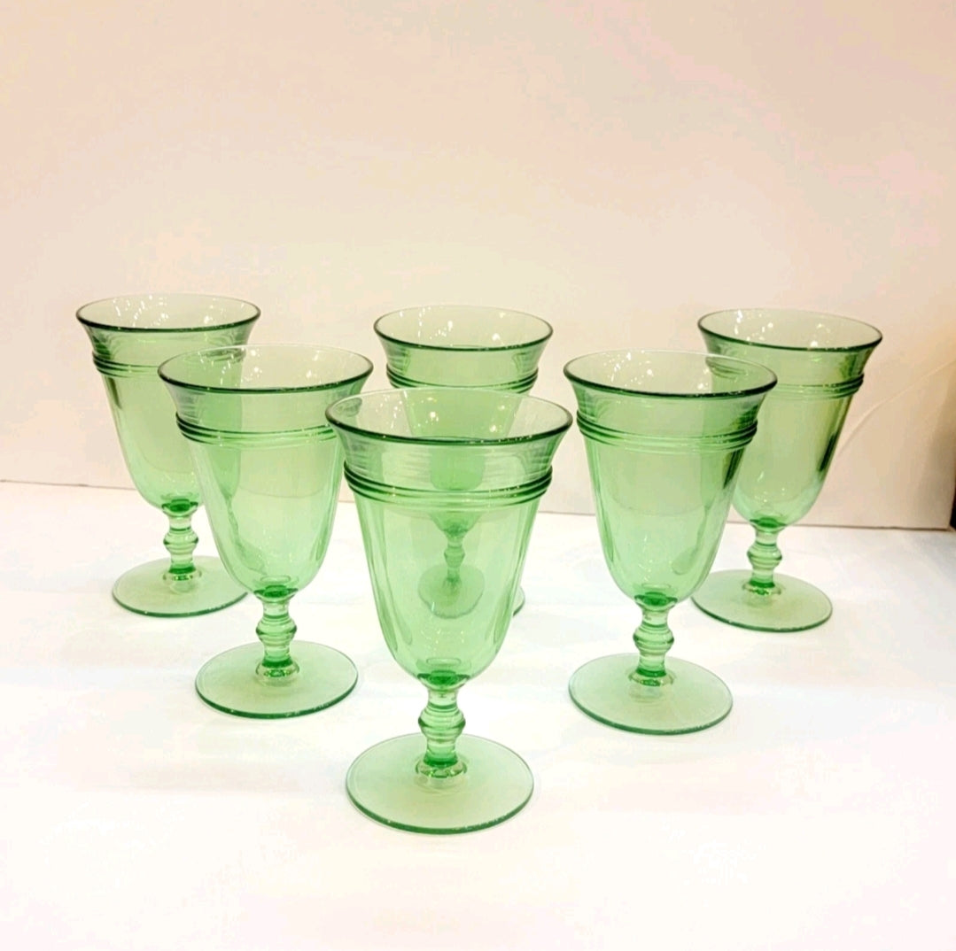 Vintage Set Of 6 Green Fostoria Priscilla Footed Glasses