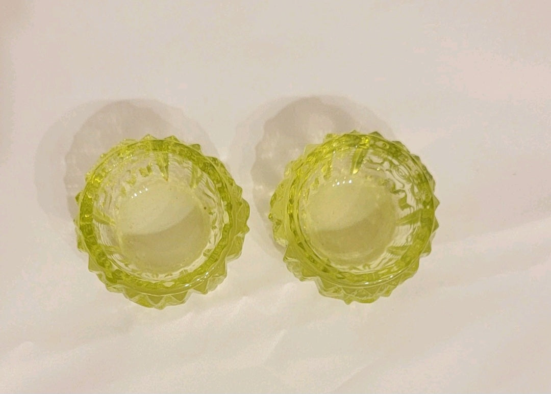 Vintage Set Of Two Vaseline Uranium Glass Rose Pattern Salt Cellars