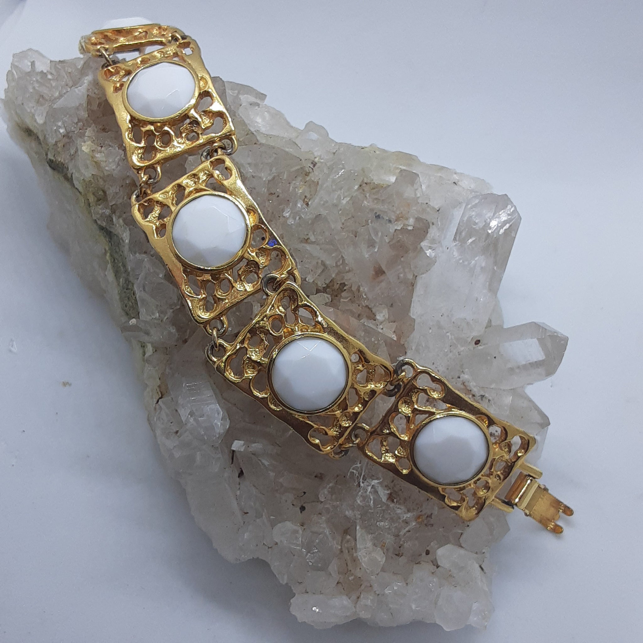 Retro Gold Tone Filigree & White Stone Bracelet
