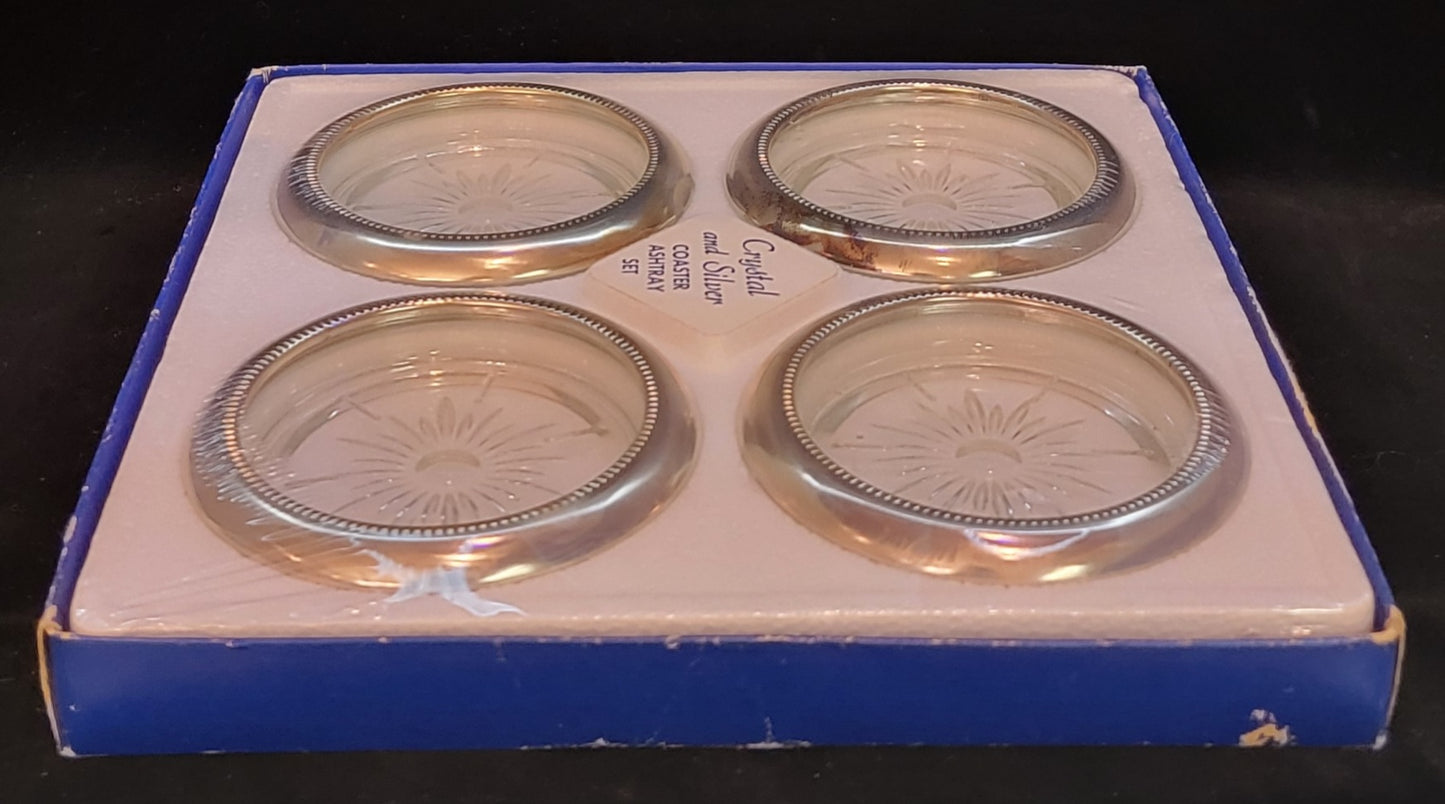Set Of 4 Vintage Leonard Eales 1779 Crystal & Silver Coaster Ashtray