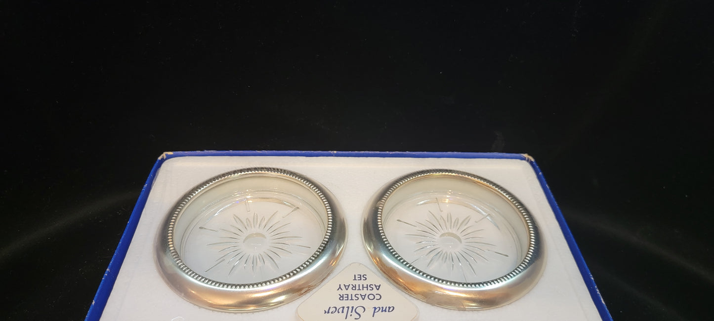 Set Of 4 Vintage Leonard Eales 1779 Crystal & Silver Coaster Ashtray