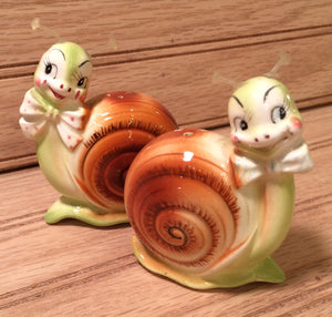 Vintage Enesco Anthropomorphic Snappy the Snail Salt and Pepper Shakers