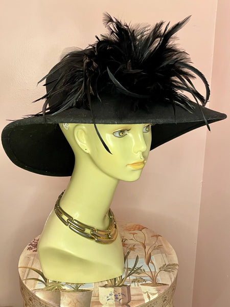 Black Vintage August Hat with Feathers