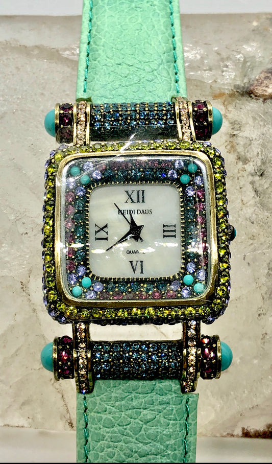 Vintage Heidi Daus Square Crystal Watch Face Turquoise Green Leather Band