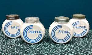 Vintage Fire King Vitrock Blue Circle Flour Sugar Salt Pepper Canister Shaker Set