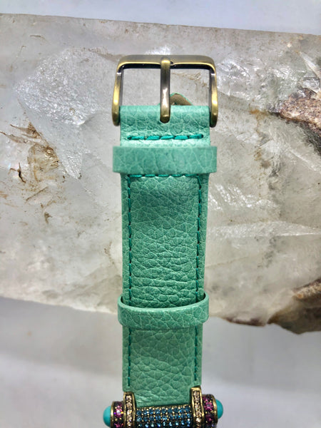 Vintage Heidi Daus Square Crystal Watch Face Turquoise Green Leather Band