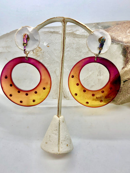 Retro Lucite & Rhinestone Hoop Clip Earrings