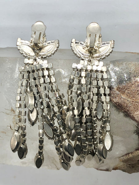 Vintage Black & Clear Rhinestone Multi-Strand Dangle Clip Earrings