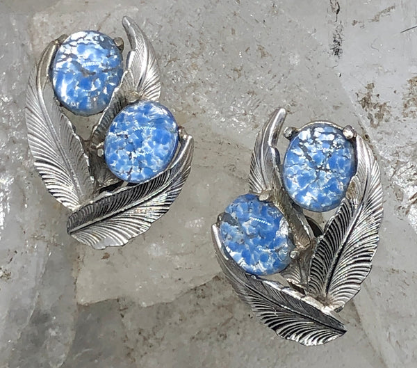 Vintage Signed Schiaparelli Silver Leaf Fire Blue Cabochon Clip Earrings