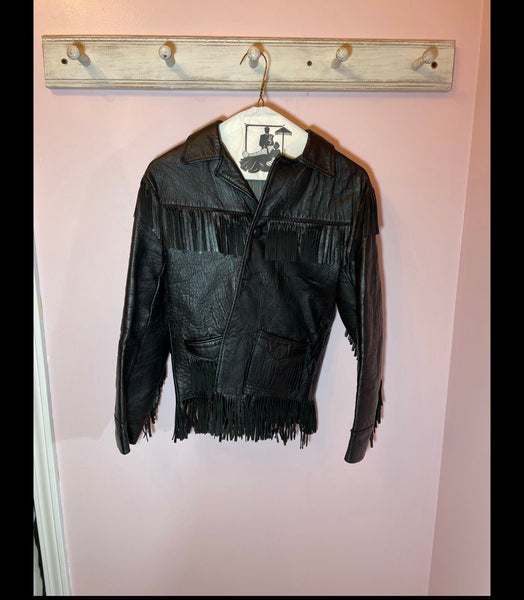 Vintage 1970’s Black Leather Fringe Jacket Coat