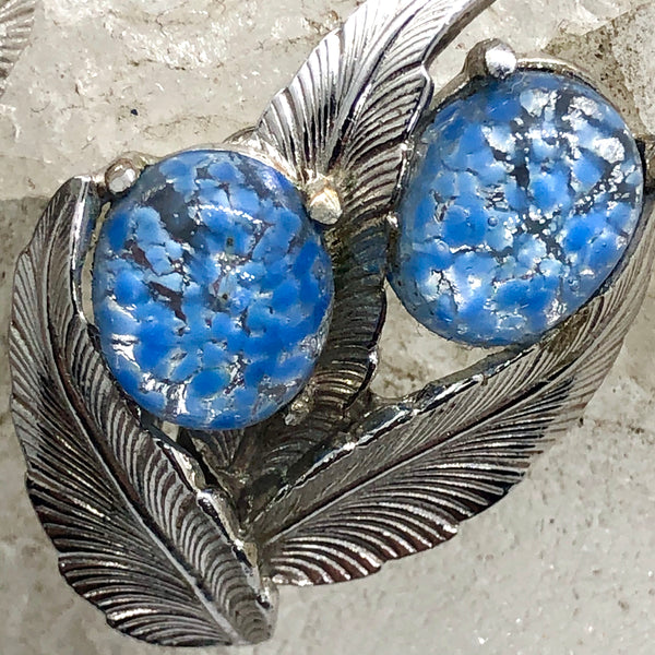 Vintage Signed Schiaparelli Silver Leaf Fire Blue Cabochon Clip Earrings
