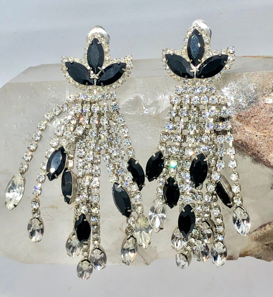 vintage black rhinestone dangle clip earrings