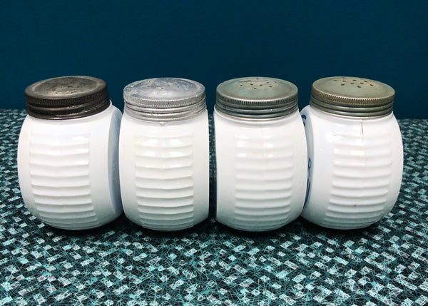 Vintage Fire King Vitrock Blue Circle Flour Sugar Salt Pepper Canister Shaker Set