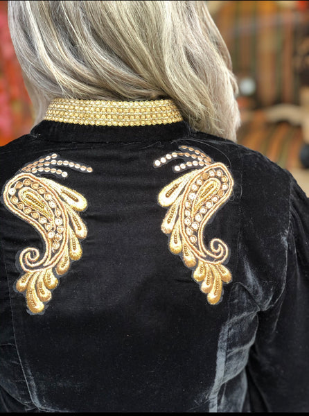 Soft Surroundings Black Velvet Gold Brocade Angel Wing Jacket Blazer