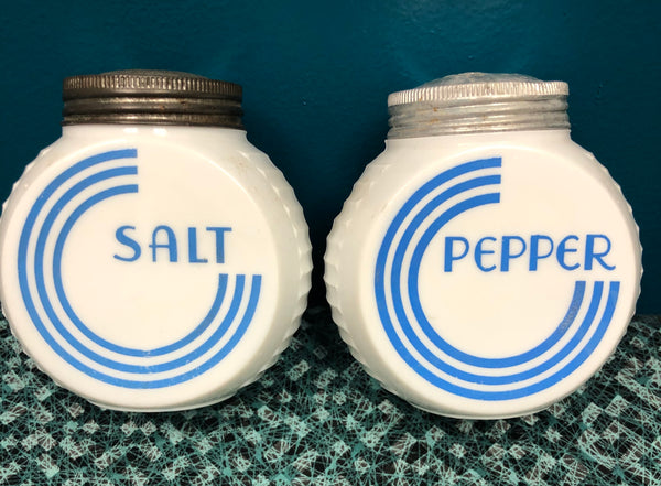Vintage Fire King Vitrock Blue Circle Flour Sugar Salt Pepper Canister Shaker Set