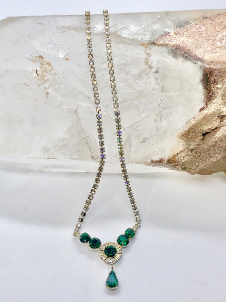 Vintage Emerald Green & Clear Rhinestone Drop Necklace
