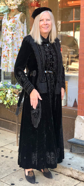 Vintage Edwardian Hand Beaded Black Velvet Morning Gown