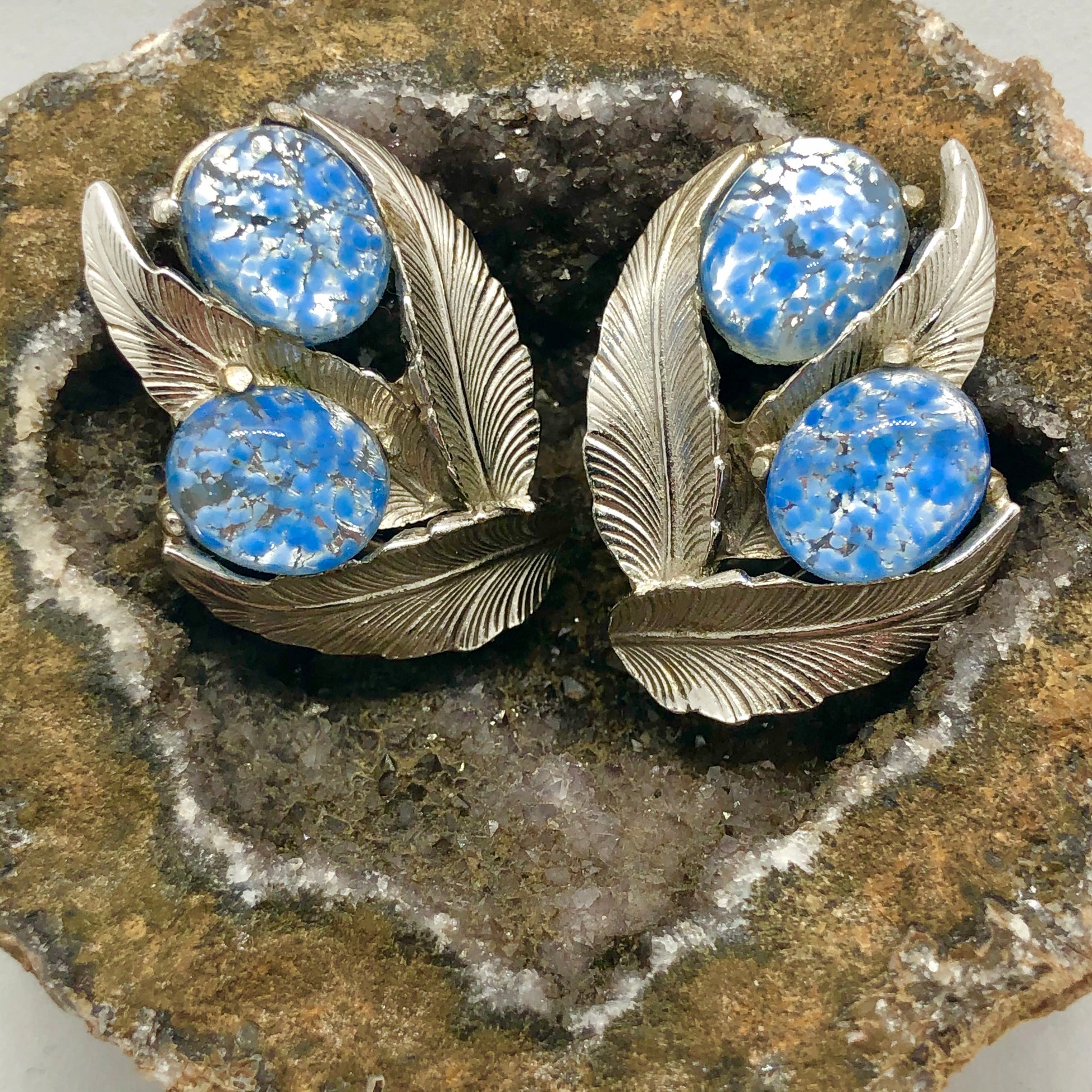 Vintage Signed Schiaparelli Silver Leaf Fire Blue Cabochon Clip Earrings