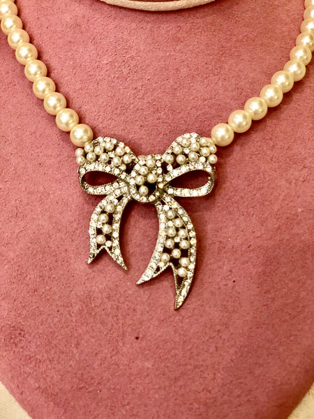 Vintage Costume Pearl and Rhinestone Bow Necklace