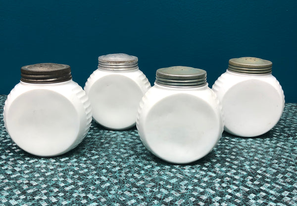 Vintage Fire King Vitrock Blue Circle Flour Sugar Salt Pepper Canister Shaker Set