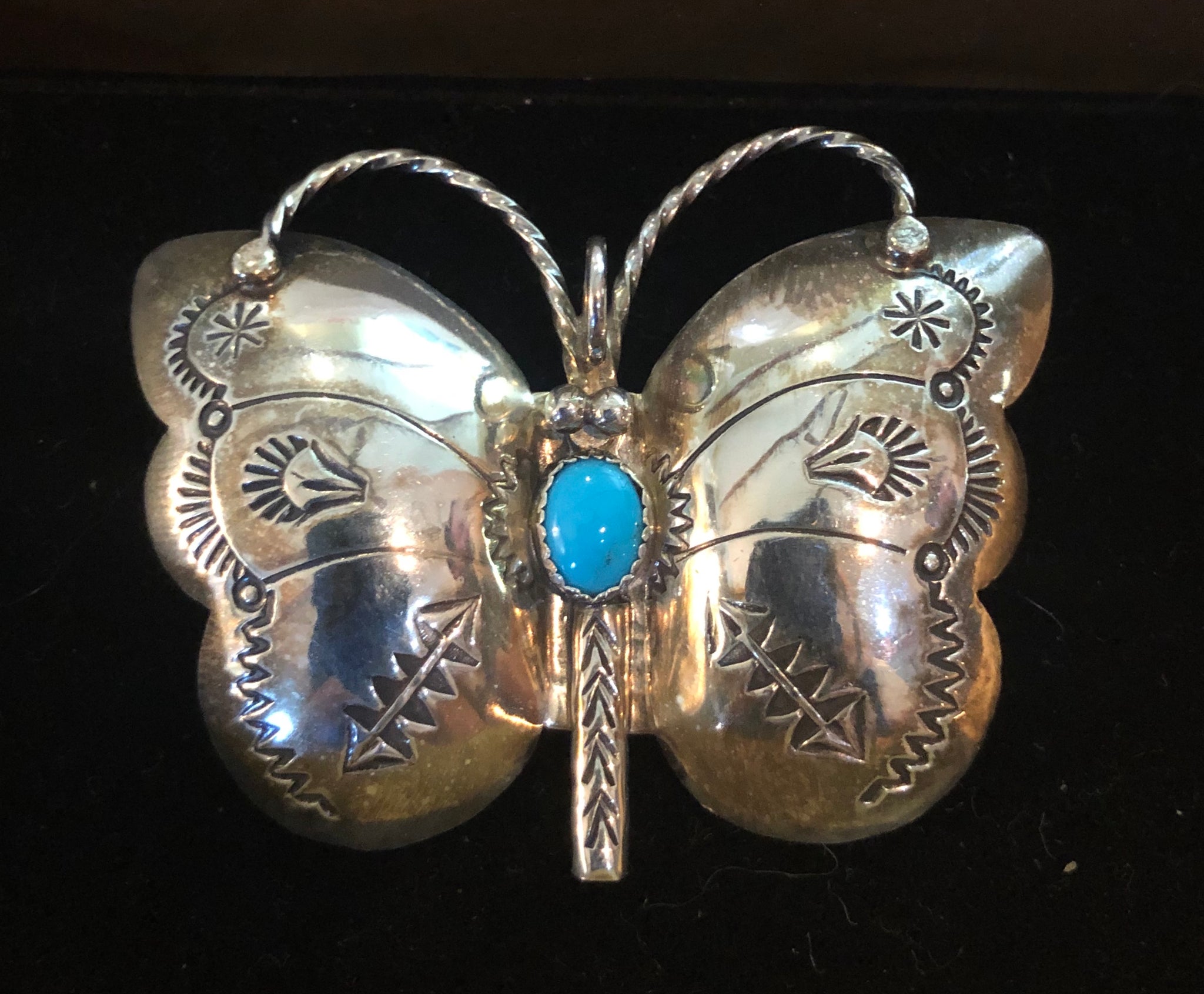 Vintage Signed N. Silago Sterling Silver & Turquoise Butterfly Brooch