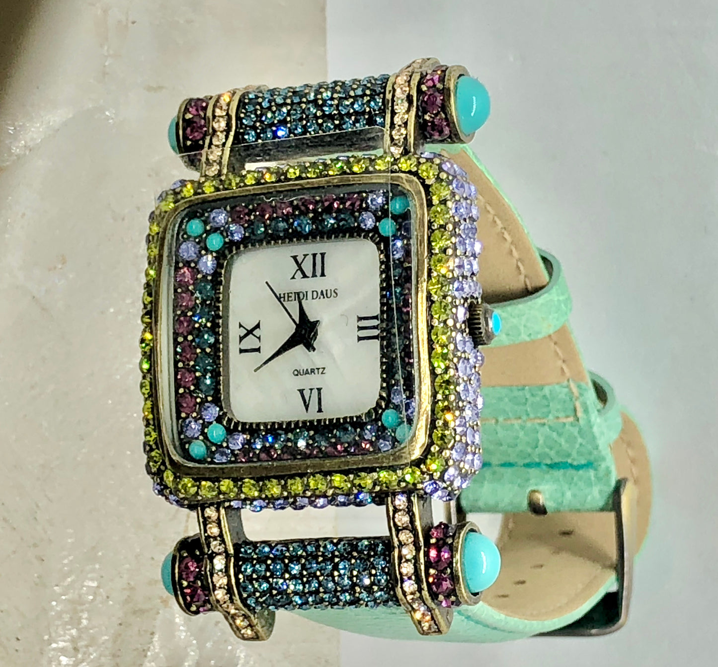 Vintage Heidi Daus Square Crystal Watch Face Turquoise Green Leather Band