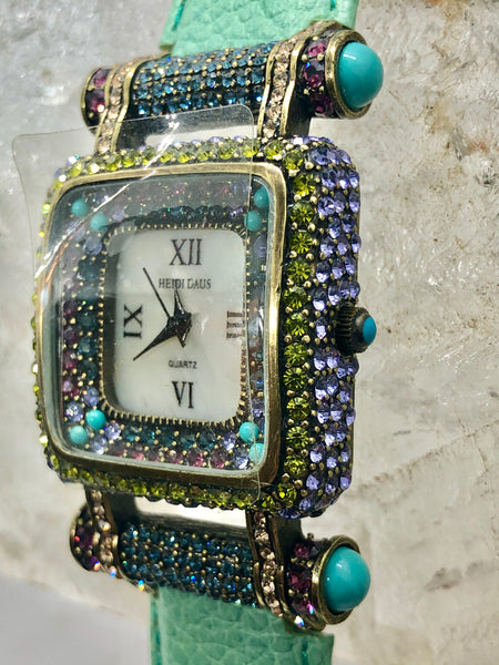 Vintage Heidi Daus Square Crystal Watch Face Turquoise Green Leather Band