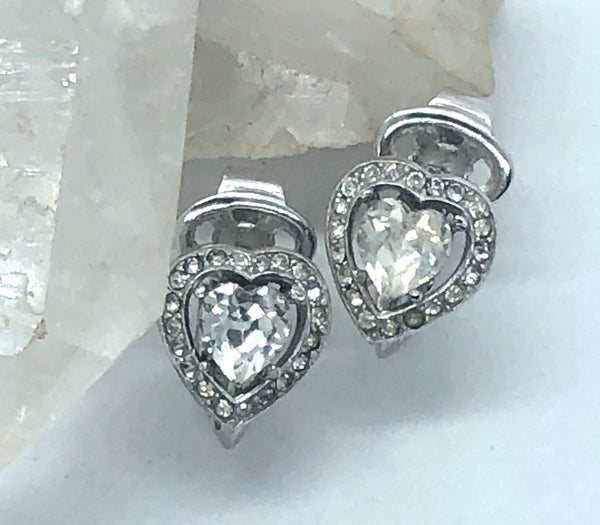 Vintage Crown Trifari Rhinestone Heart Clip Earrings