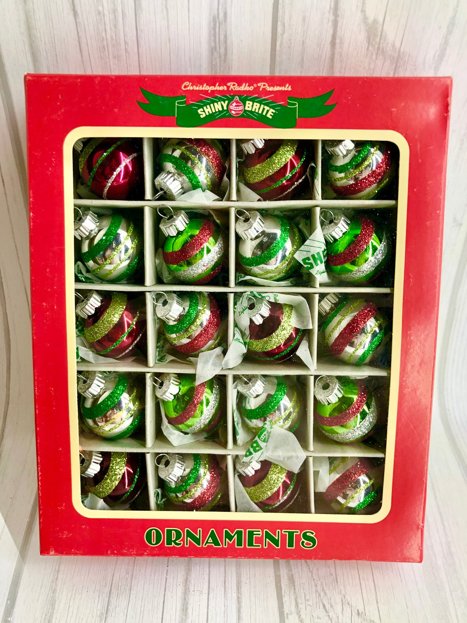 20 Christopher Radko Shiny Brite Nostalgic Red Green Silver Glass Ornaments Set