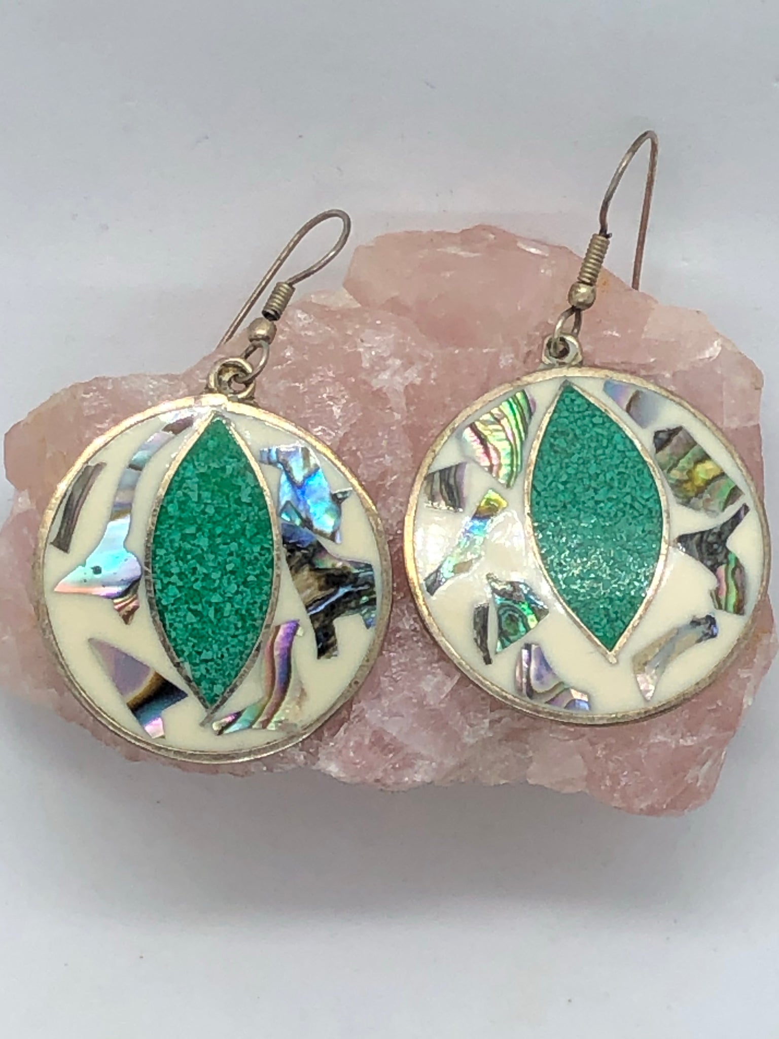 Vintage Silver Malachite & Abalone Mexico Inlaid Round Dangle Earrings