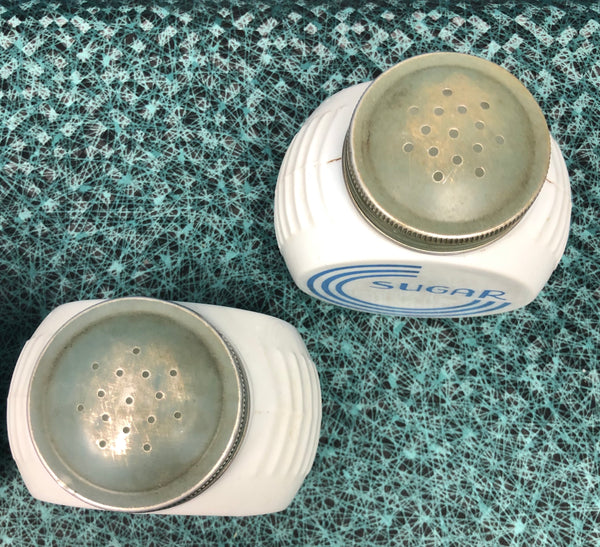 Vintage Fire King Vitrock Blue Circle Flour Sugar Salt Pepper Canister Shaker Set