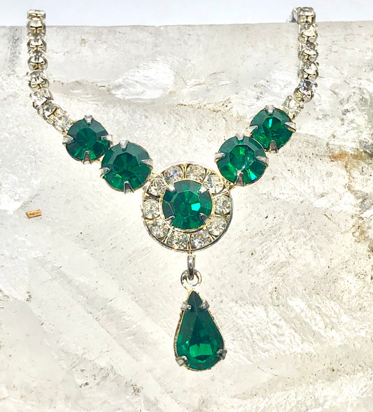 Vintage Emerald Green & Clear Rhinestone Drop Necklace