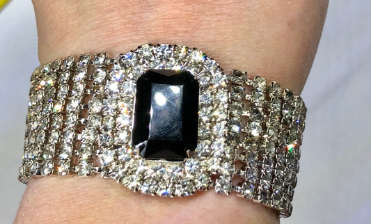 Vintage Jet Black Rhinestone Wide Multi Strand Bracelet