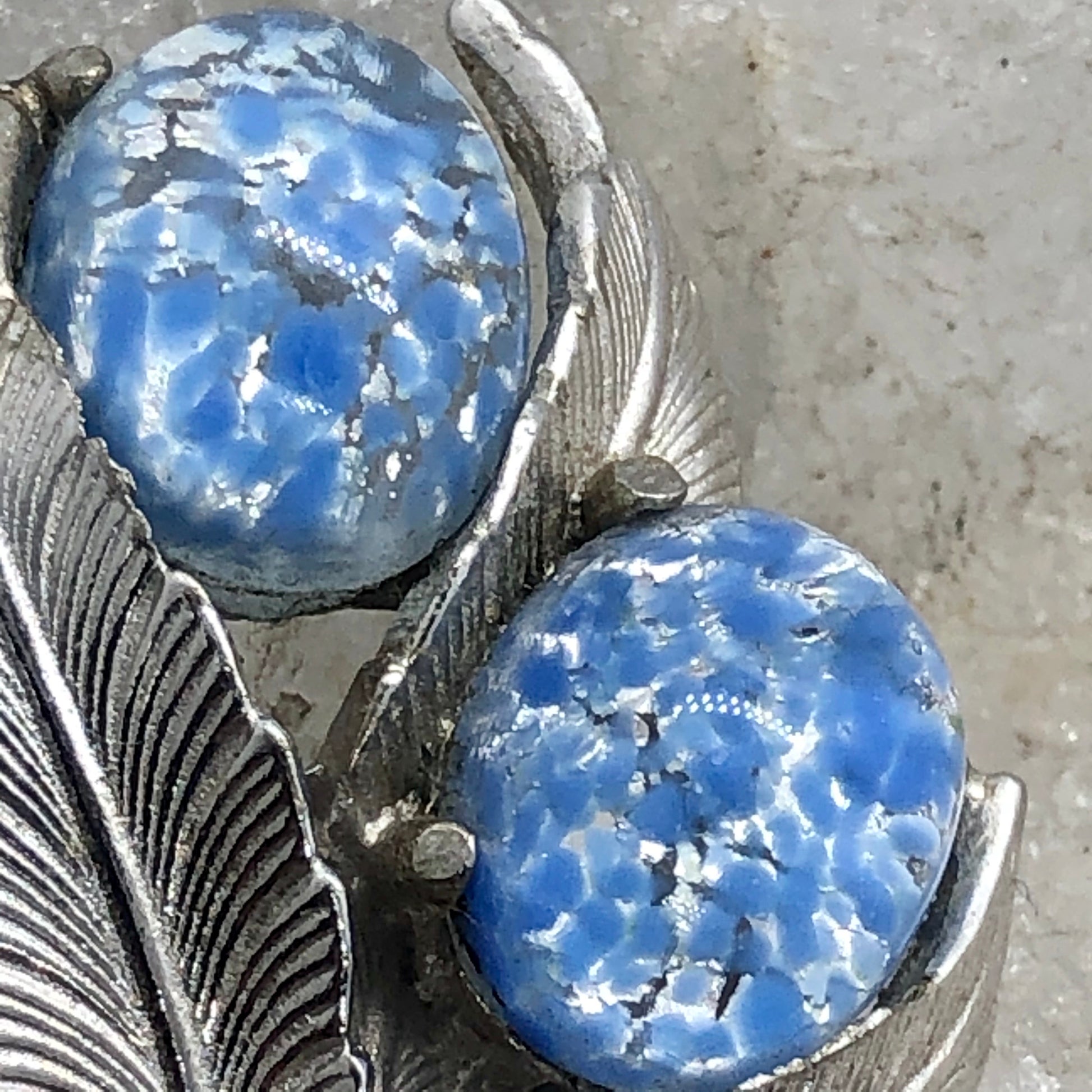 Vintage Signed Schiaparelli Silver Leaf Fire Blue Cabochon Clip Earrings