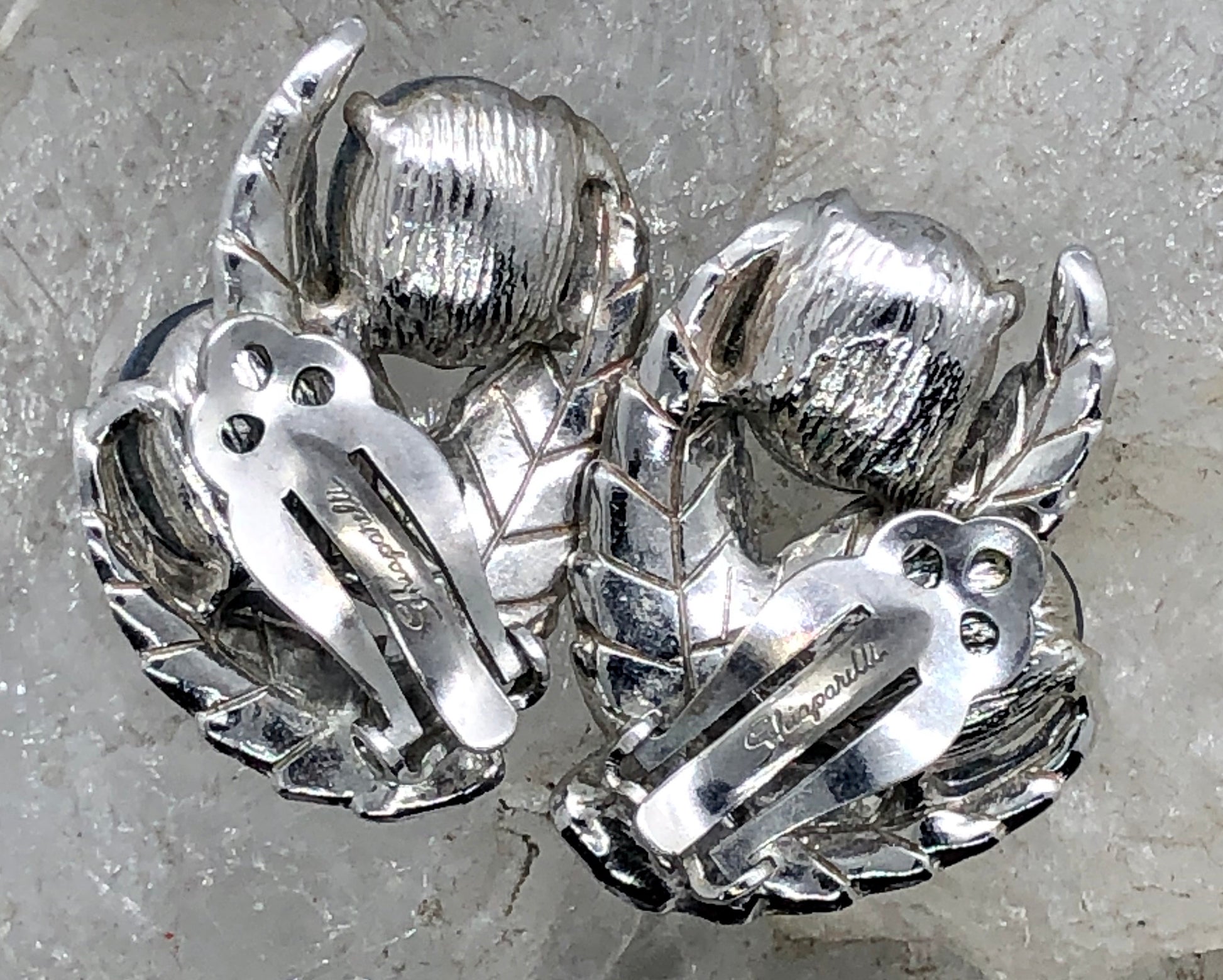 Vintage Signed Schiaparelli Silver Leaf Fire Blue Cabochon Clip Earrings