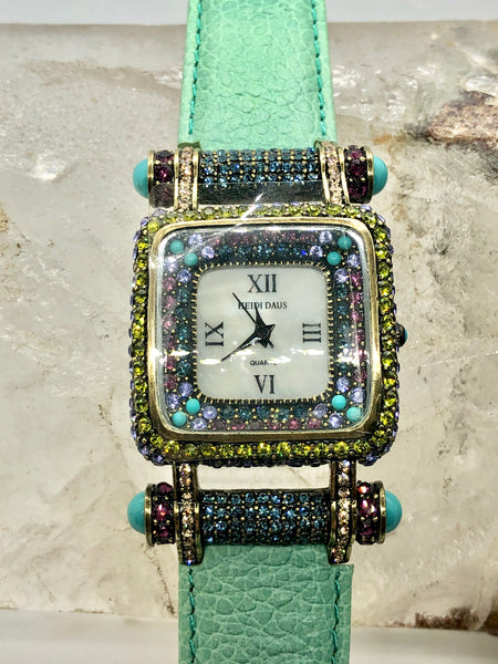 Vintage Heidi Daus Square Crystal Watch Face Turquoise Green Leather Band