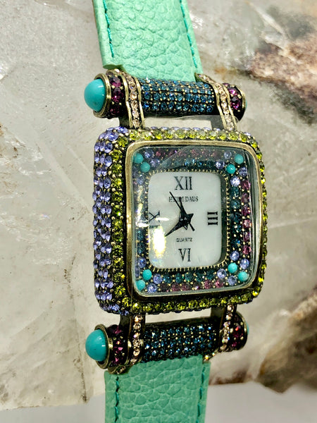 Vintage Heidi Daus Square Crystal Watch Face Turquoise Green Leather Band