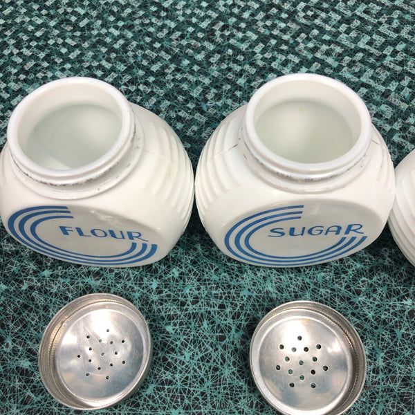 Vintage Fire King Vitrock Blue Circle Flour Sugar Salt Pepper Canister Shaker Set