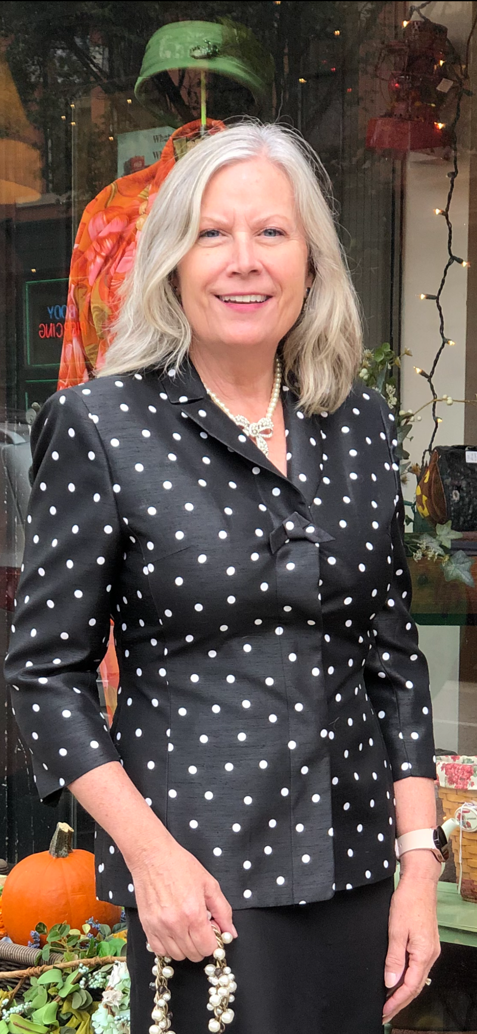 White blazer with black 2025 polka dots