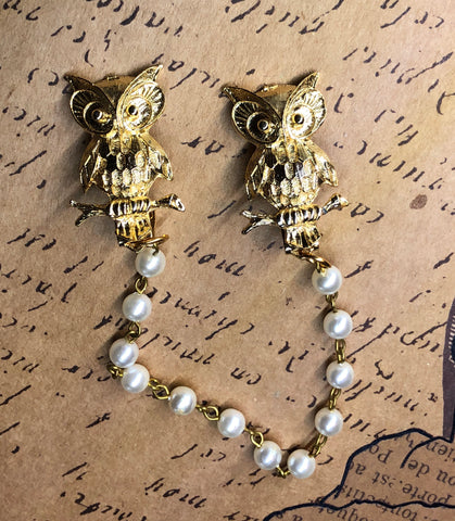 Vintage Double Owl & Pearl Sweater Clip