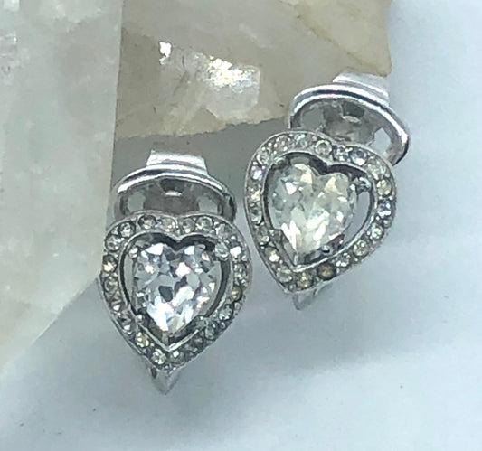 Vintage Crown Trifari Rhinestone Heart Clip Earrings