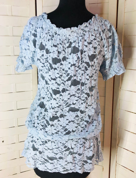 NY Collection Powder Blue Short Sleeve Ruffle Lace Blouse Size S