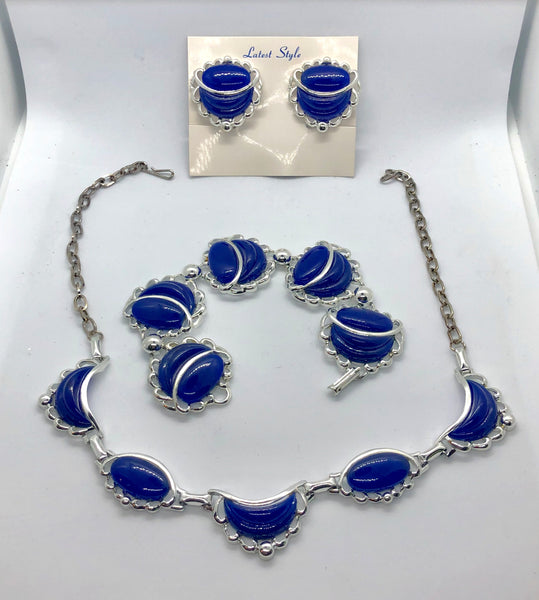 Vintage 3pc Blue & Silver Panel Collar Necklace Bracelet & Clip Earrings