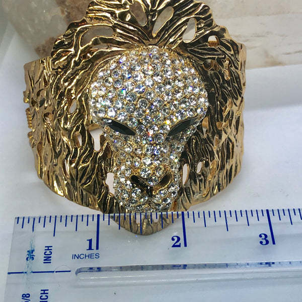 Vintage Rhinestone Lion Gold Tone Hinged Clamper Bracelet