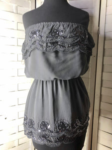 Forever 21 Strapless Gray Chiffon Beaded & Sequins Blouse